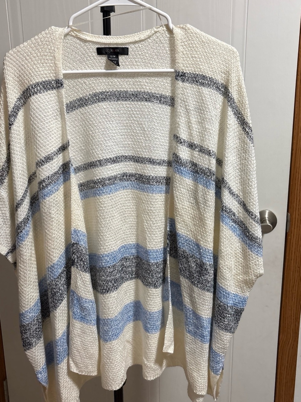 Style & Co. Cream Knit Open-Front Cardigan with Blue and Gray Stripes